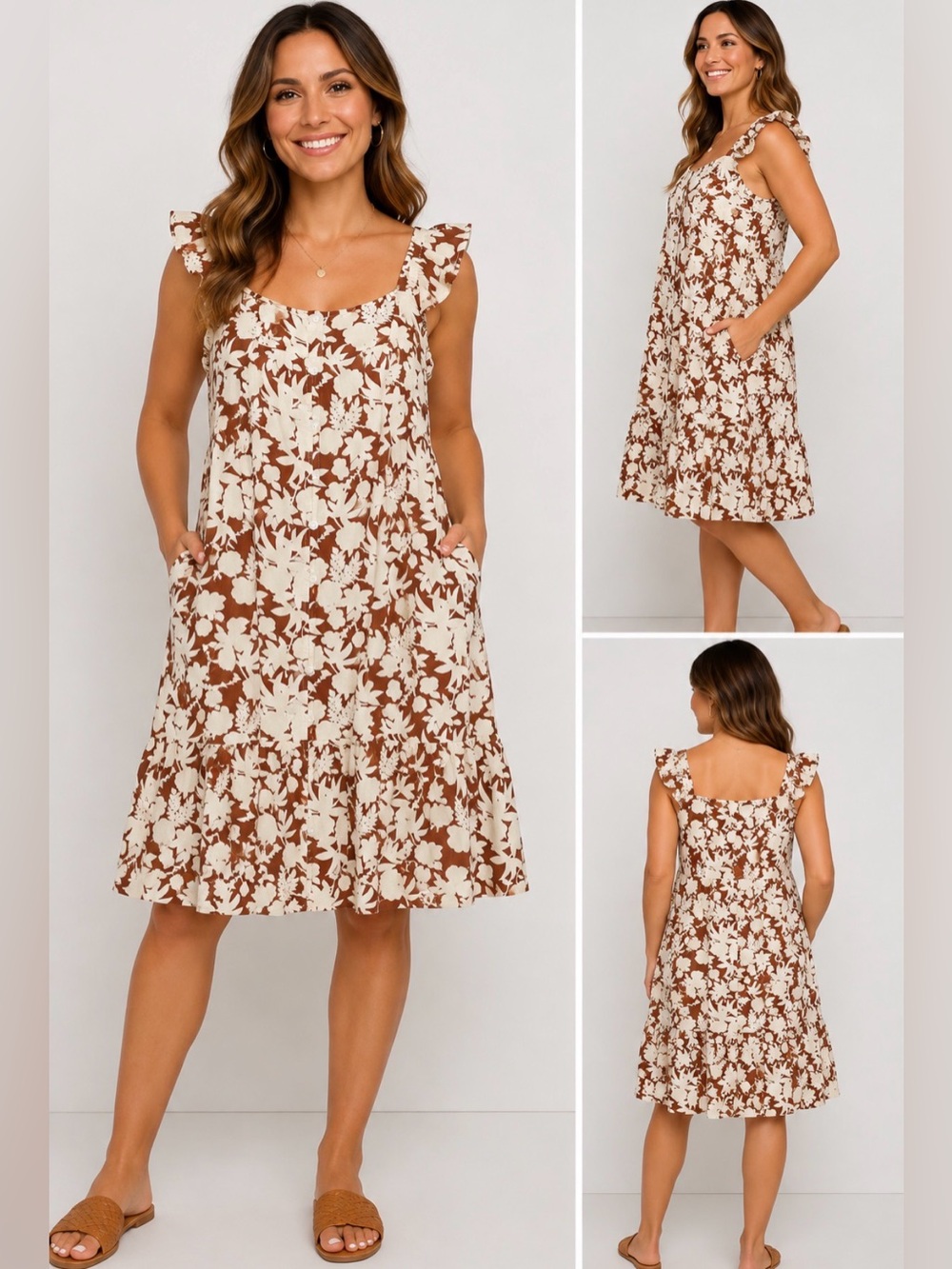 Universal Thread Floral Dress Women L Ivory Brown 100% Cotton Pockets NWT